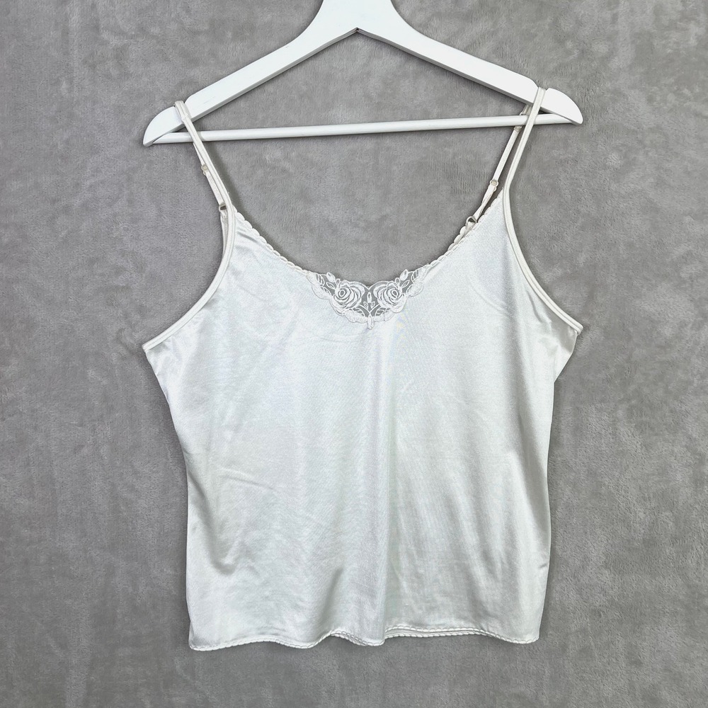 Vintage Y2K Bali Studio XL White Satin Camisole Top Lace Rose Romantic Soft Girl